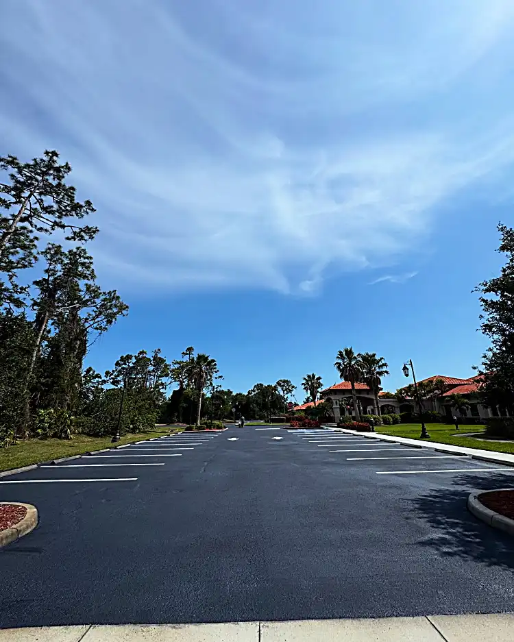 Wide parking lot view with fresh coating