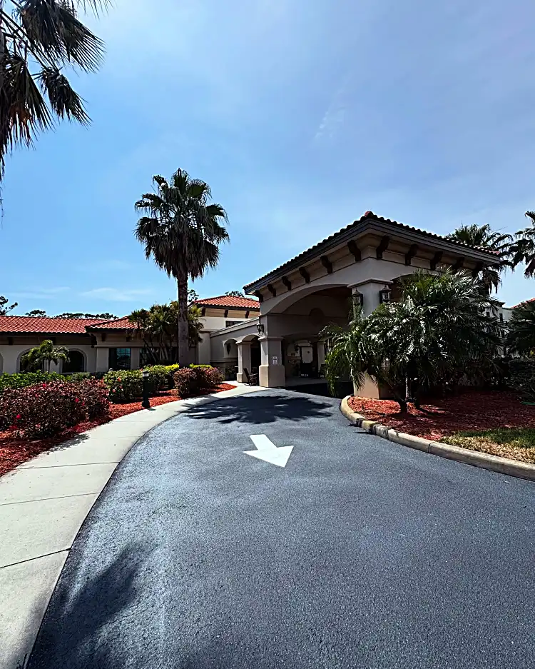 Senior living facility entrance with directional arrows